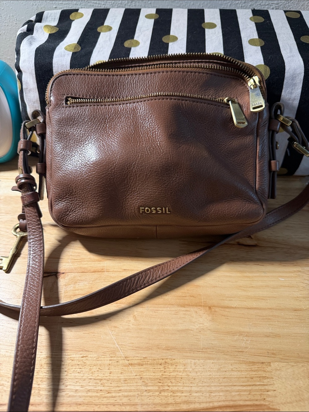 Fossil Brown Leather Pebble Crossbody with Gold Hardware
